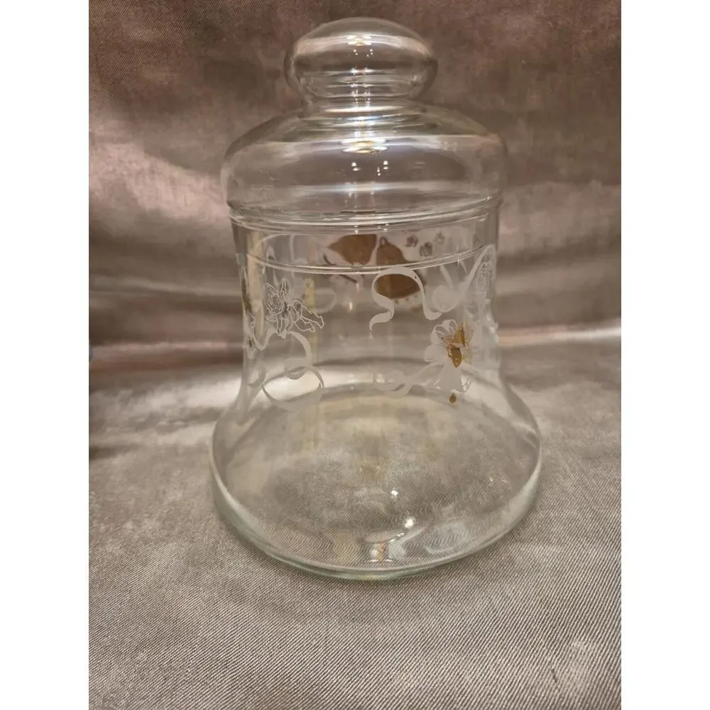 VTG Xmas Glass Bell Shaped Lidded Candy Dish Ribbons Roses Gold Bells Cherubs 7”